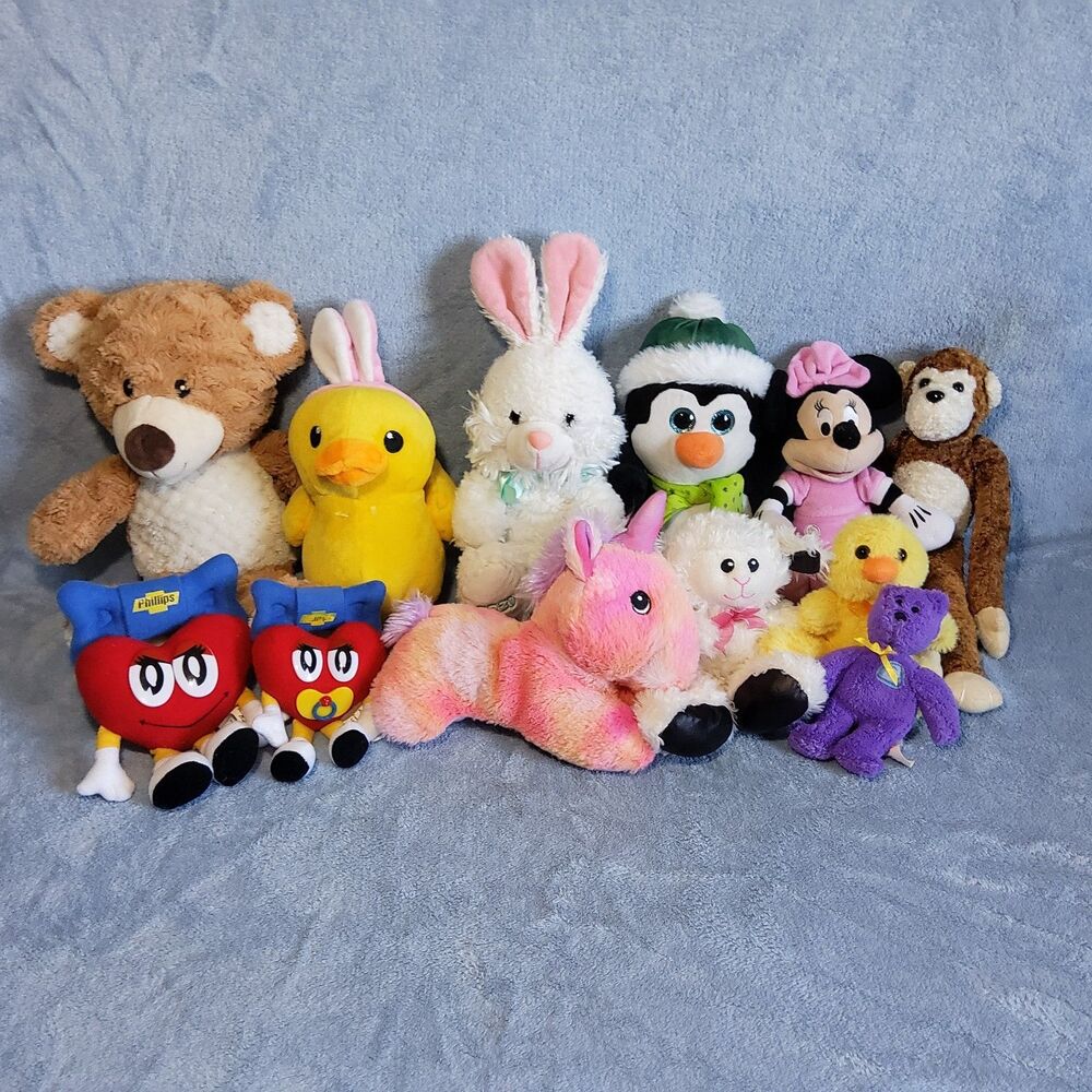 Mixed Cuddly Plush Stuffed Animal Lot Of 12 Minnie Duck Bear Unicorn Monkey